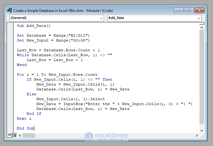VBA Code to Create a Simple Database in Excel VBA