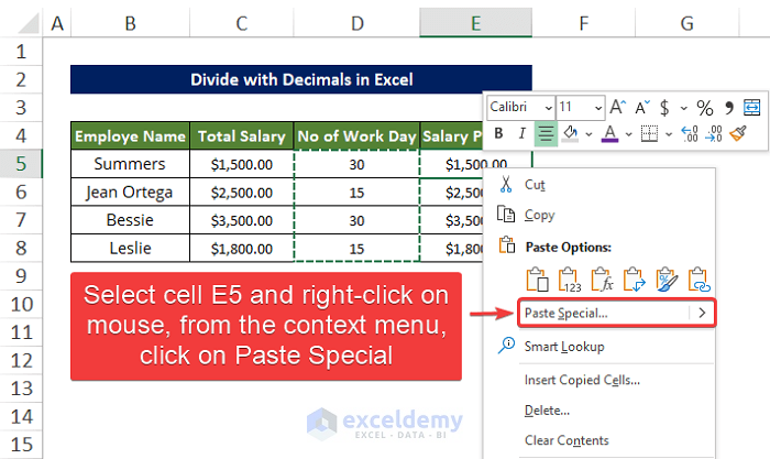 how to divide in excel with decimals