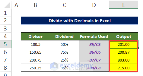 how to divide in excel with decimals
