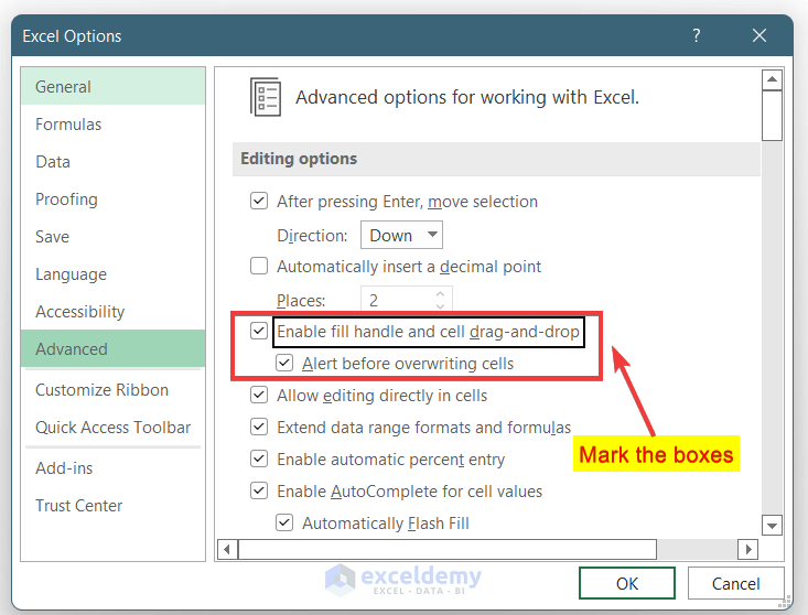 Mark “Enable fill handle” Checkbox