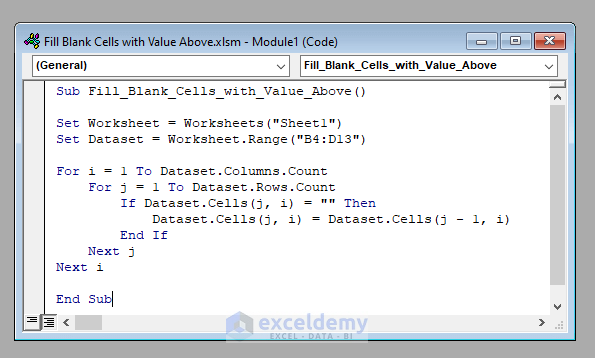 VBA Code to Fill Blank Cells with Value Above in Excel VBA