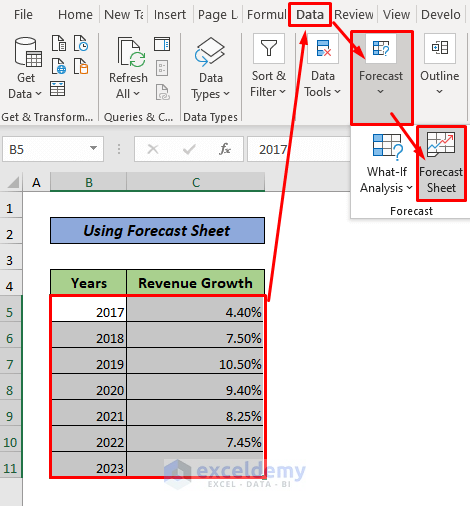 Estimate Revenue Growth Using the‘ Forecast Sheet’ Button