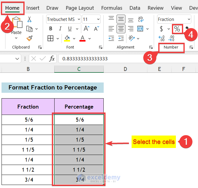 How to Format Fraction to Percentage in Excel