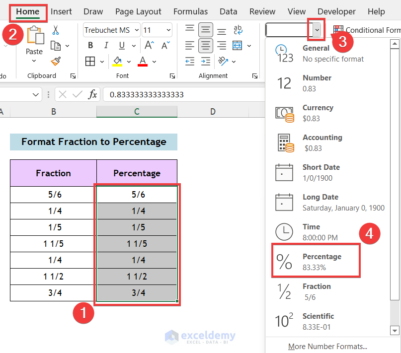 How to Format Fraction to Percentage in Excel