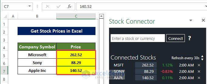 Using Stock Connector Add-ins to Get Stock Prices in Excel 