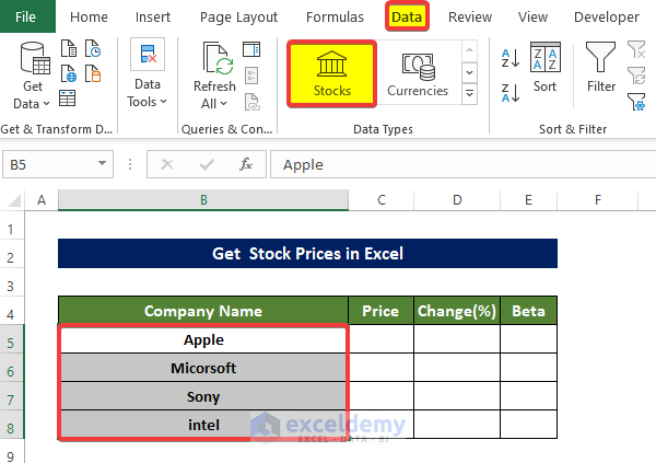 Utilizing Built-in Stocks Command to Get Stock Prices in Excel 