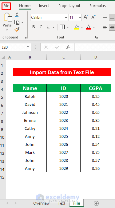Apply File Tab to Import Text File to Excel Automatically