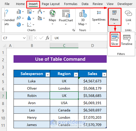 Using Table to Insert Slicer without Pivot Table in Excel