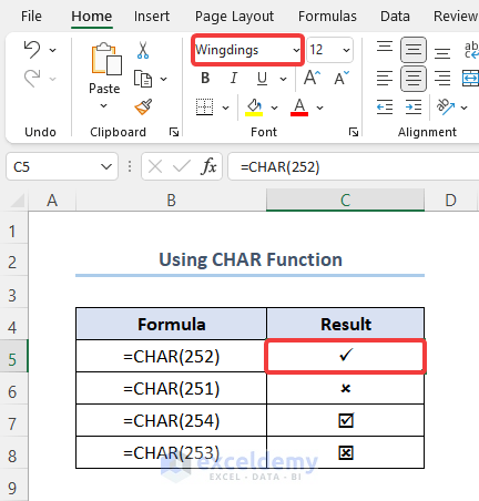 Using CHAR Function-How to Insert Tick Mark in Excel