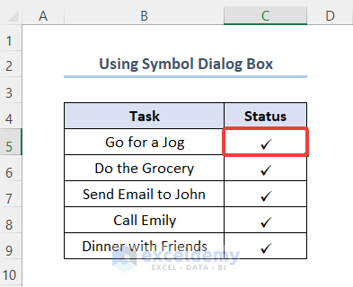 Using Symbol-How to Insert Tick Mark in Excel