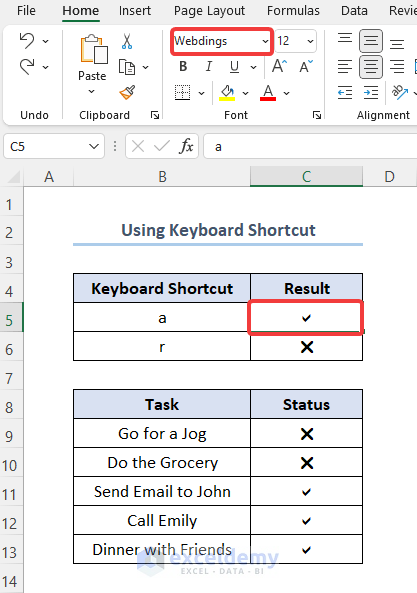 Using Keyboard Shortcut-How to Insert Tick Mark in Excel