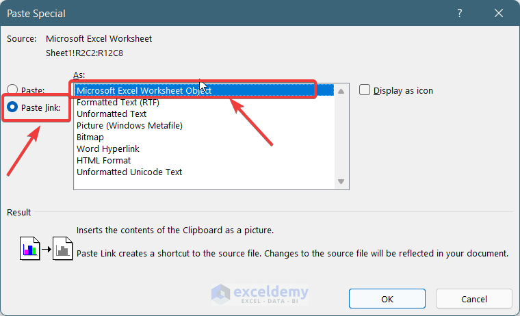 Making The Excel Worksheet A Linked Object To Insert Into Word