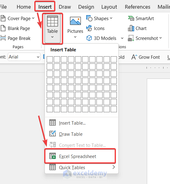Insert Excel Spreadsheet Into a Word Document Using The Table Option