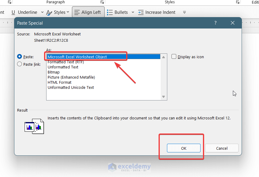 Making The Excel Worksheet An Embedded Object To Insert Into Word