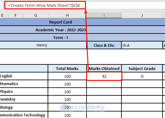 Fill the Marks in Report Card Using the Referencing