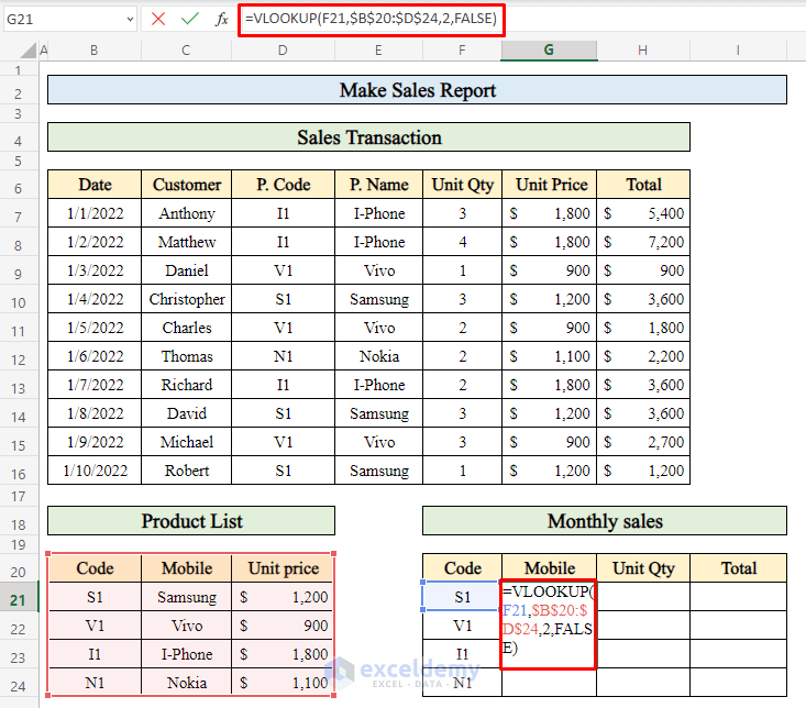 Calculate Monthly Sales of a Single Product in Excel