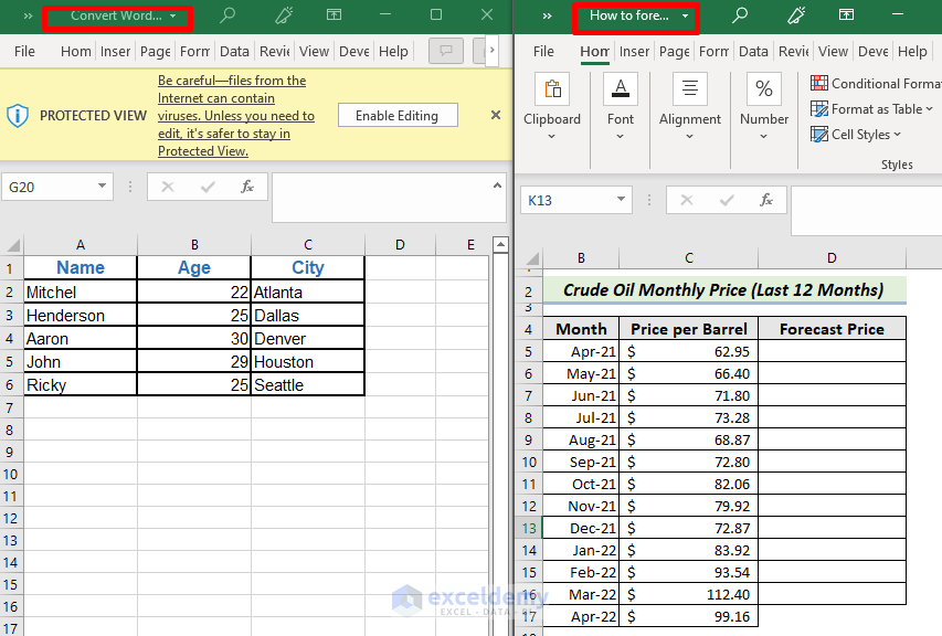 Open Two Excel Files Side by Side