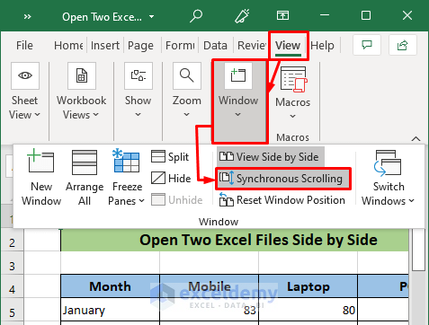 Enable synchronous scrolling of two excel files side by side