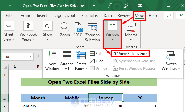 Open two Excel files side by side