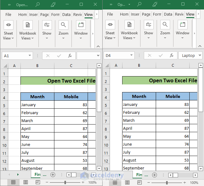 Two Excel files are opened side by side