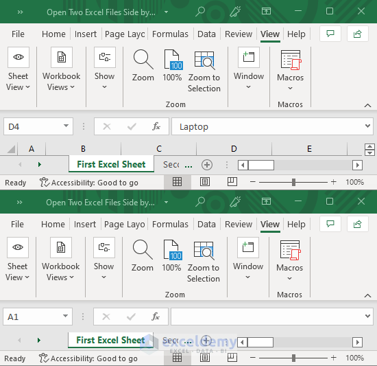 Two Excel files are opened side by side at horizontal orientation