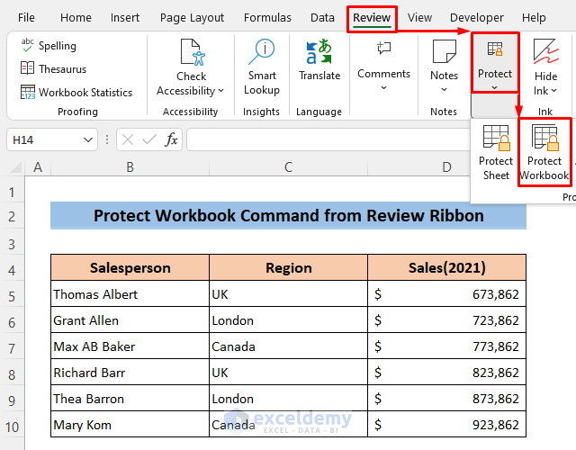 Use Protect Workbook Command from Review Tab to Protect Excel File with Password