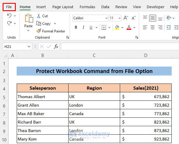 Apply Protect Workbook Command from File Option to Protect Excel File with Password