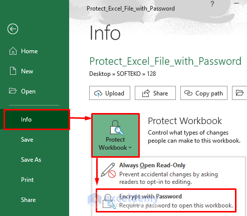 Apply Protect Workbook Command from File Option to Protect Excel File with Password