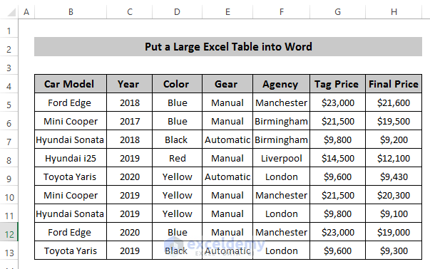 Put a Large Excel Table into Word