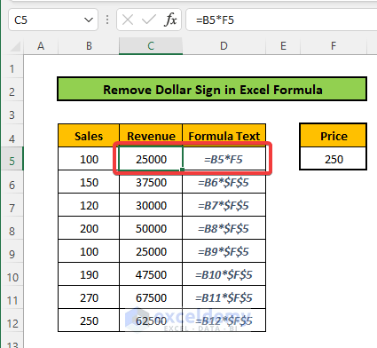 Remove Dollar Sign Manually from Excel Formula