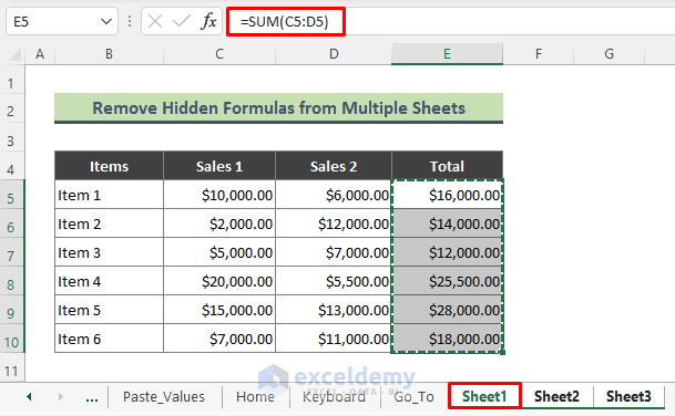 Delete Hidden Formulas from Multiple Worksheets in Excel