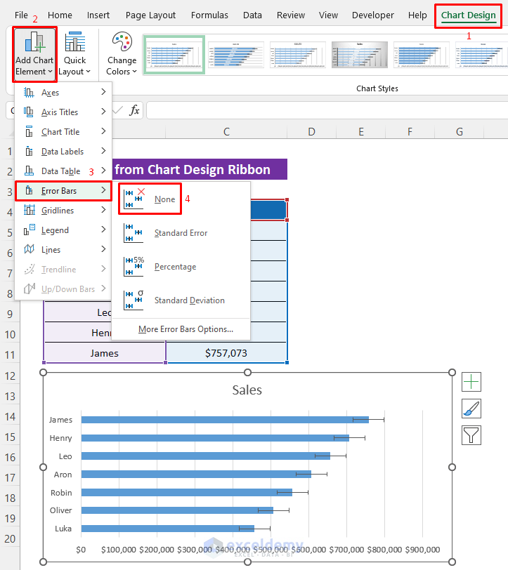 Delete Horizontal Error Bars from Excel Chart Design Ribbon