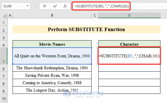 Perform SUBSTITUTE Function to Replace a Character with a Line Break