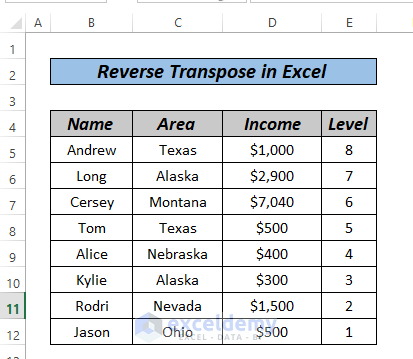 How to Reverse Transpose in Excel by SORT