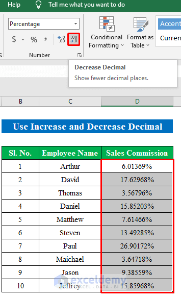  Increase and Decrease Decimal Feature to Round Percentages in Excel