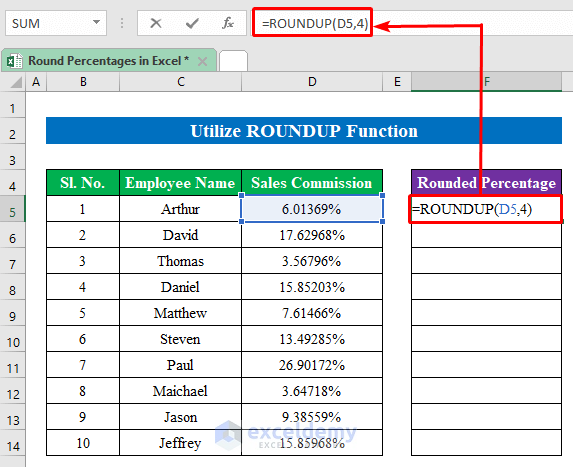 Utilize ROUNDUP Function to Round Percentages in Excel