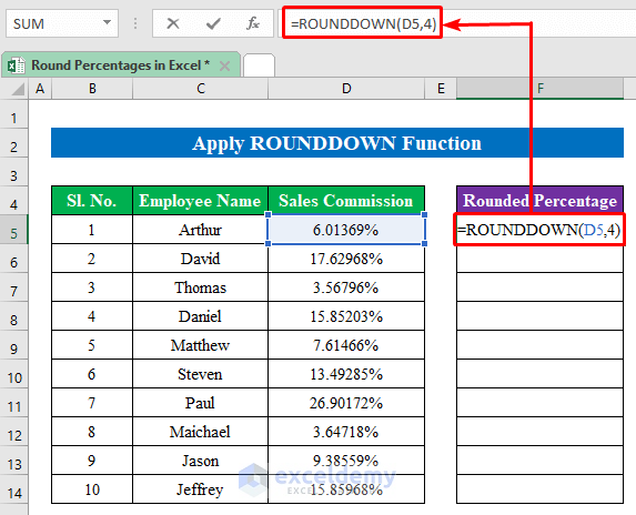Apply ROUNDDOWN Function to Round Percentages in Excel