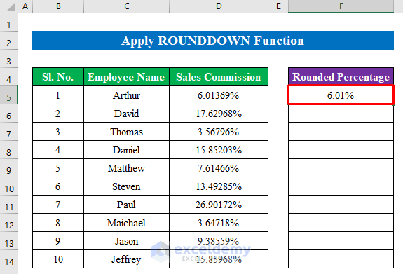 Apply ROUNDDOWN Function to Round Percentages in Excel
