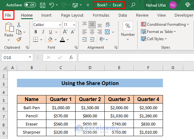 Using Share Option to Send an Editable Excel Spreadsheet by Email