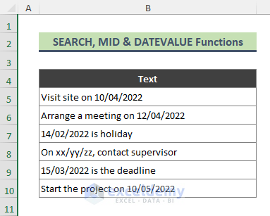 Trim Date from Text Using Excel MID, SEARCH & DATEVALUE Functions