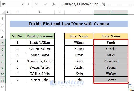 Divide First and Last Name with Comma Using Excel Formula