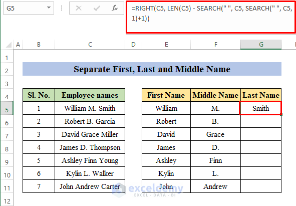 Separate First, Last, and Middle Name with Space Using Excel Formula