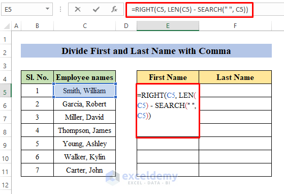 Divide First and Last Name with Comma Using Excel Formula