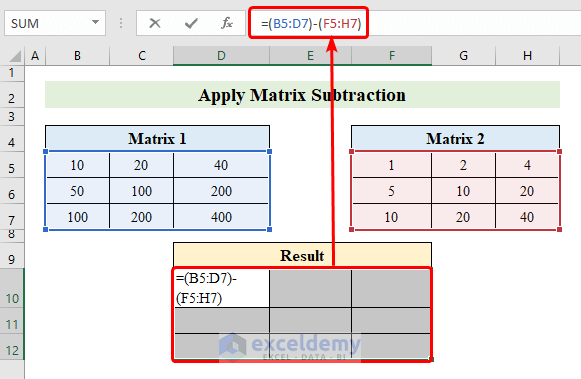 Apply Matrix Subtraction in Excel