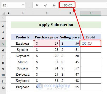 Apply Subtraction Between Two Columns in Excel
