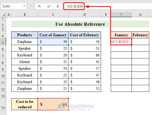 Use Absolute Reference to Subtract a Number from Two Columns in Excel