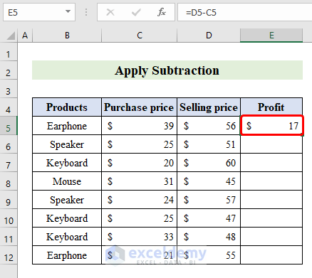 Apply Subtraction Between Two Columns in Excel