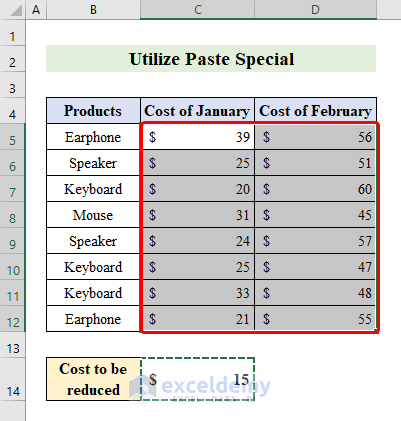 Utilize Paste Special to Subtract Two columns in Excel
