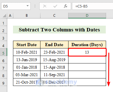 Subtract Two Columns with Dates in Excel