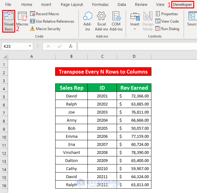 Run a VBA Code to Transpose Every n Rows to Columns in Excel